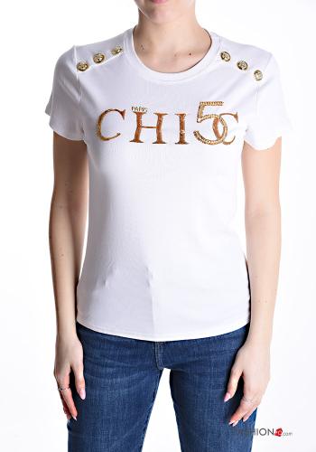Patterned short sleeve crew neck Cotton T-shirt with sequins with rhinestones with buttons