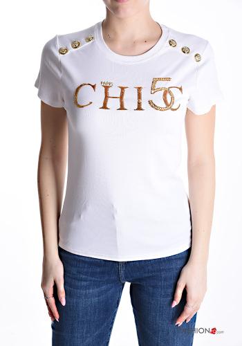 T-shirt in Cotone maniche corte girocollo Fantasia stampata con bottoni con paillettes con strass - ph 1