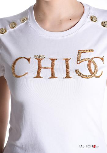 T-shirt in Cotone maniche corte girocollo Fantasia stampata con bottoni con paillettes con strass - ph 4