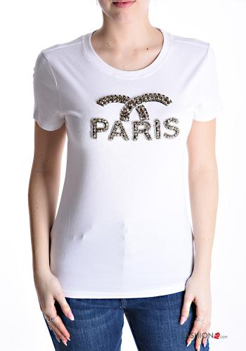 Patterned short sleeve crew neck Cotton T-shirt with rhinestones