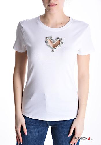 heart motif short sleeve crew neck Cotton T-shirt with rhinestones