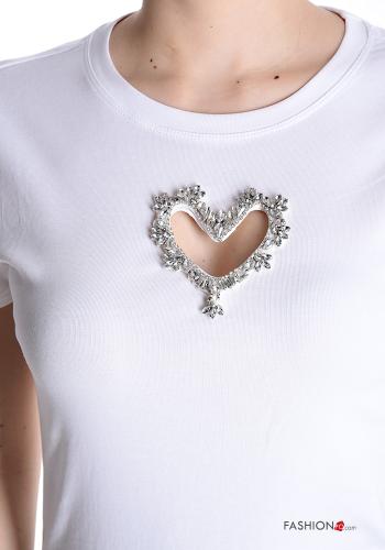 T-shirt in Cotone maniche corte girocollo Fantasia cuore con strass - ph 4