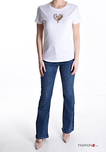 T-shirt in Cotone maniche corte girocollo Fantasia cuore con strass - ph 5