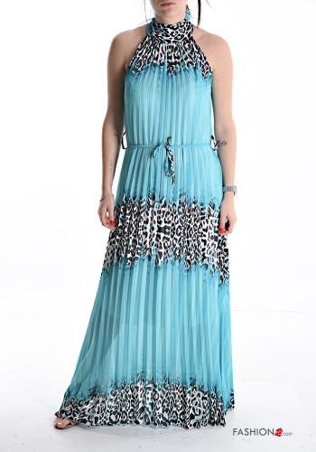 Robe sans manches plissé longue Imprimé animalier avec noeud avec ceinture en tissu - ph 1