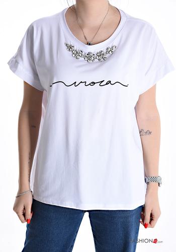 T-shirt in Cotone maniche corte girocollo Fantasia stampata con strass - ph 1