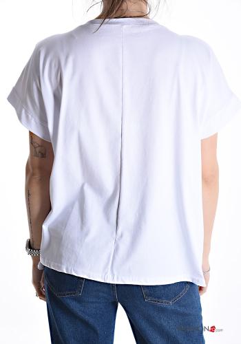 T-shirt in Cotone maniche corte girocollo Fantasia stampata con strass - ph 2
