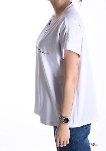 T-shirt in Cotone maniche corte girocollo Fantasia stampata con strass - ph 3