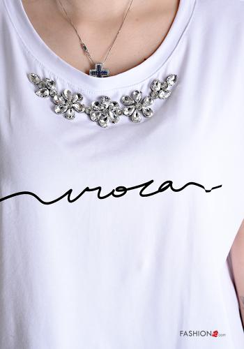T-shirt in Cotone maniche corte girocollo Fantasia stampata con strass - ph 4