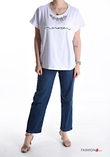 T-shirt in Cotone maniche corte girocollo Fantasia stampata con strass - ph 5