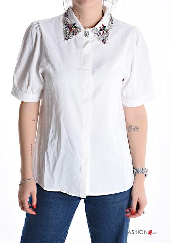 puff sleeve with collar short sleeve Shirt with buttons with rhinestones