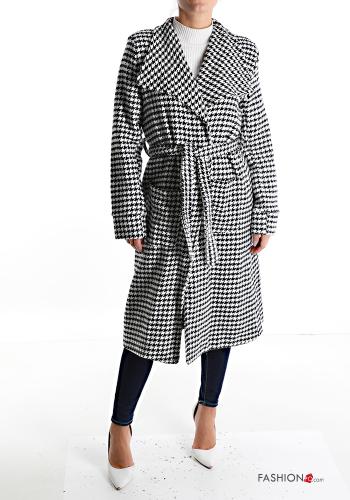 Manteau en Coton Imprimé pied de poule avec ceinture avec poches à boutons - ph 1