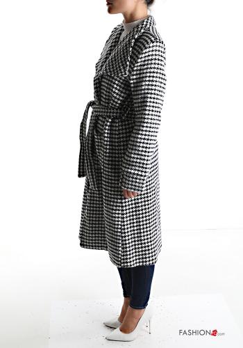 Manteau en Coton Imprimé pied de poule avec ceinture avec poches à boutons - ph 3