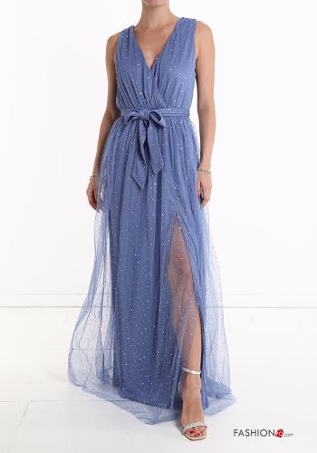sleeveless long tulle Dress with rhinestones with split with sash with v-neck