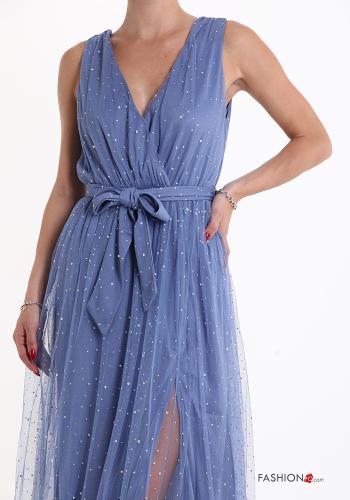 Abito lungo tulle senza maniche con spacco con fusciacca scollo a V con strass - ph 4