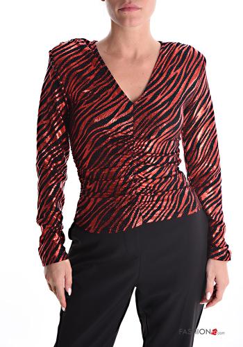 Maglietta a manica lunga lurex Fantasia animalier scollo a V con spalline