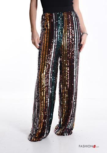 Striped wide leg Trousers with sequins with elastic