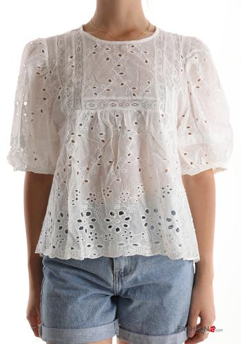 Blusa in Cotone in pizzo sangallo