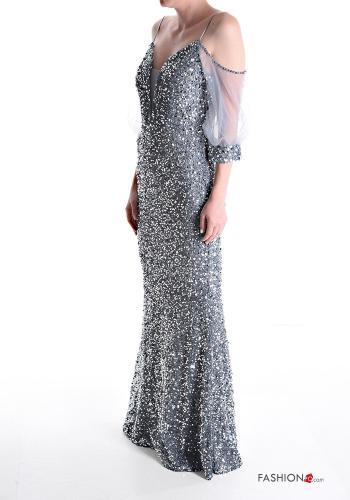 Abito maniche in tulle lungo con paillettes - ph 3