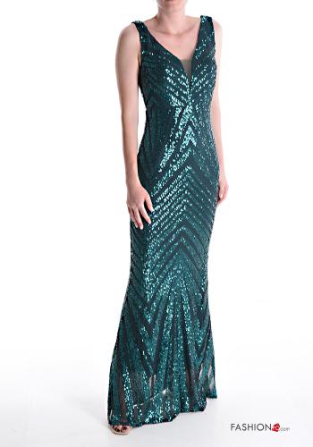 sleeveless long Dress with sequins with v-neck
