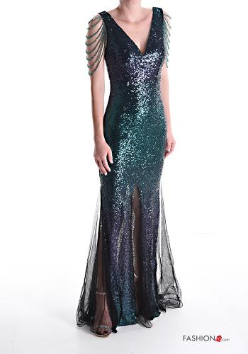 Abito lungo tulle senza maniche con spacco con paillettes con strass
