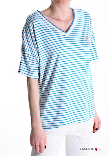 T-shirt in Cotone maniche corte Fantasia righe scollo a V