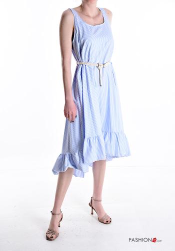 Striped sleeveless backless asymmetrical Cotton Dress with flounces plunging neckline