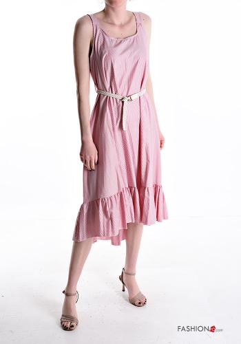 Striped sleeveless backless asymmetrical Cotton Dress with belt plunging neckline with flounces