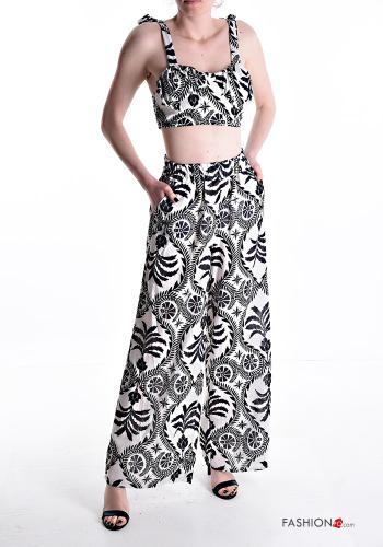 Tailleur en Coton wide leg ajustable courte Imprimé abstrait avec poches avec élastique - ph 1