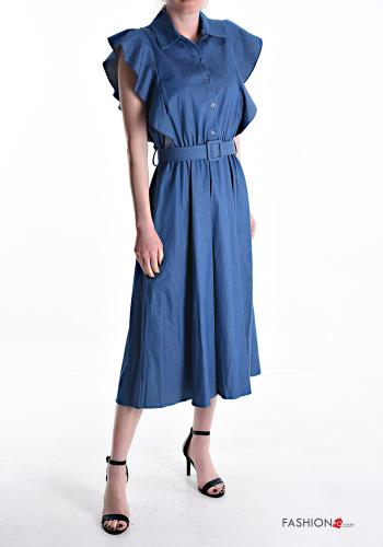 Abito in Cotone con colletto maniche volant denim maniche corte con cintura con bottoni - ph 1