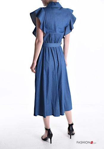 Abito in Cotone con colletto maniche volant denim maniche corte con cintura con bottoni - ph 2
