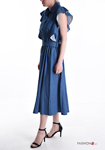 Abito in Cotone con colletto maniche volant denim maniche corte con cintura con bottoni - ph 3