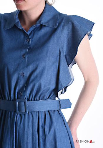 Abito in Cotone con colletto maniche volant denim maniche corte con cintura con bottoni - ph 4