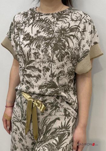 Floral short sleeve crew neck lurex T-shirt with elastic - ph 1