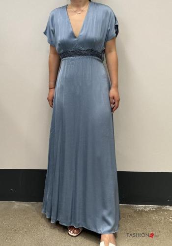 Vestido manga curta lurex cetim longo gola V - ph 1