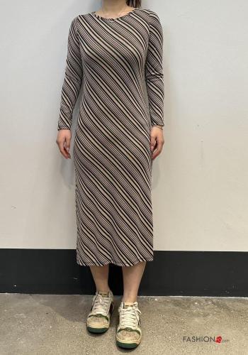 Geometric pattern long sleeve crew neck Dress with split