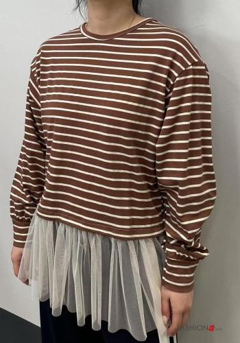 T-shirt à manches longues en Coton tulle col rond Imprimé à rayures