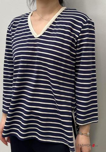 T-shirt à manches longues en Coton Imprimé à rayures à col en V