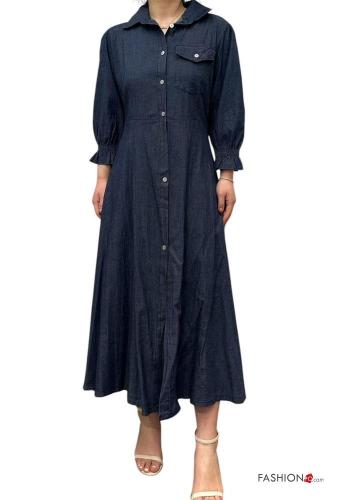 Vestido de camisa em Algodão denim manga comprida com gola com botões com bolsos