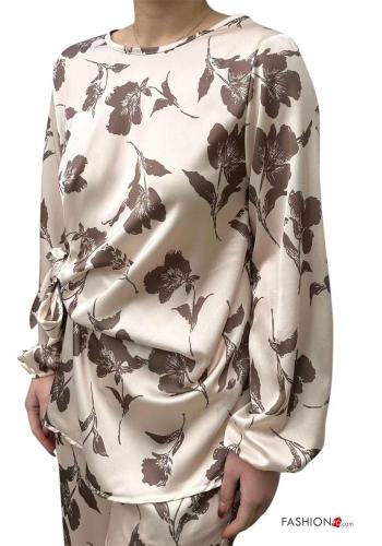 Blusa maniche lunghe girocollo Fantasia floreale con fiocco