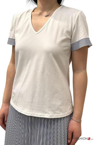 T-shirt en Coton manches courtes Imprimé à rayures à col en V