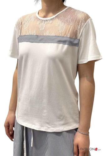 short sleeve crew neck lace trim Cotton T-shirt - ph 1