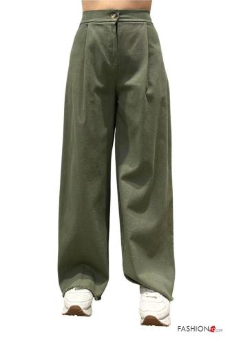 high waist wide leg Cotton Trousers with buttons with elastic with zip