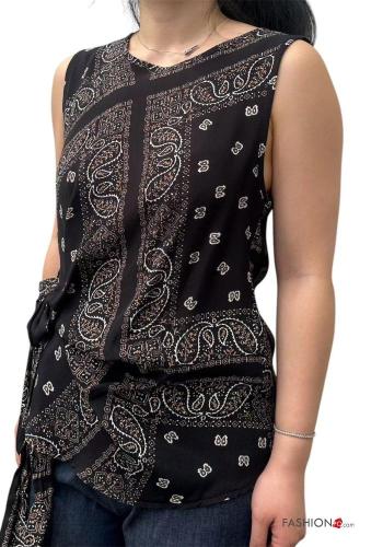 Paisley-print sleeveless crew neck Top with knot