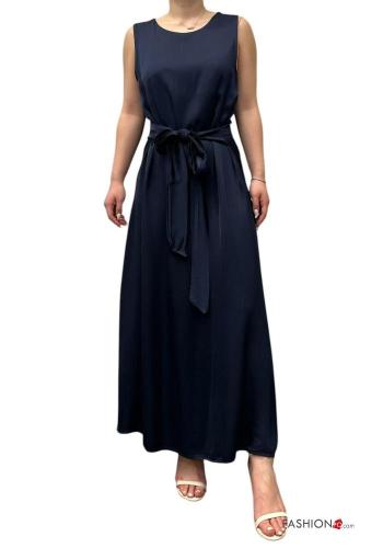 Satin u-boot ausschnitt ärmellos Kleid mit stoffgürtel - ph 1