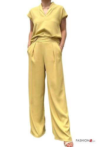 kurze ärmel wide leg zweiteilige Set mit Taschen mit gummizug mit V-Ausschnitt - ph 1