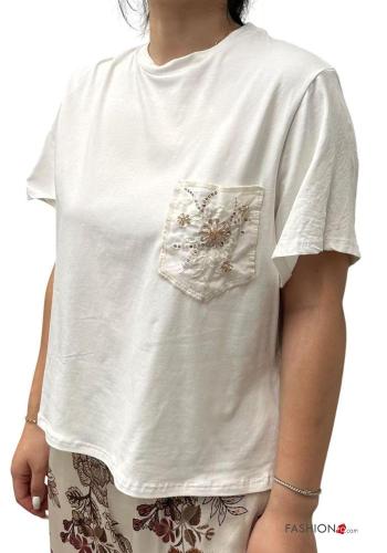 short sleeve crew neck Cotton T-shirt with sequins with pockets
