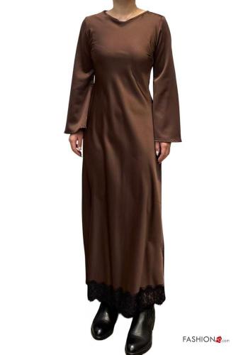 satin lace trim crew neck long long sleeve Dress - ph 1