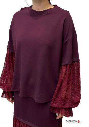 crew neck long sleeve puff sleeve lace trim Blouse