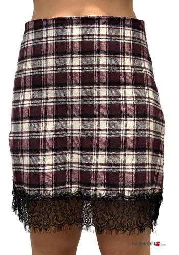 Tartan lace trim high waist Cotton Mini skirt with zip