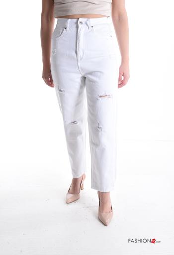 Jeans in Cotone strappati a collo alto con zip con tasche con bottoni